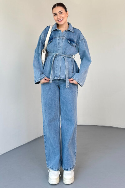 TKM-9327 Açık Mavi Kuşaklı Denim Ceket & Geniş Paça Jean İkili Takım - 5