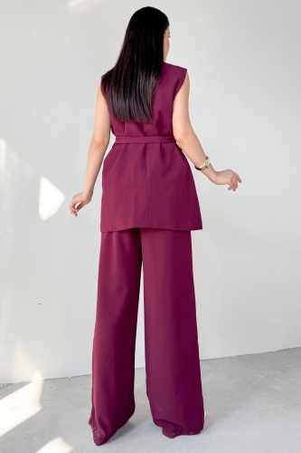 TKM-9413 Bordo Klapa Yaka Çift Düğmeli Yelek Salaş Pantolon İkili Takım - 3