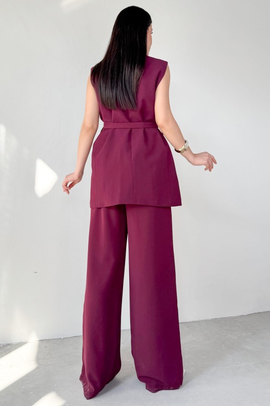 TKM-9413 Bordo Klapa Yaka Çift Düğmeli Yelek Salaş Pantolon İkili Takım - 3