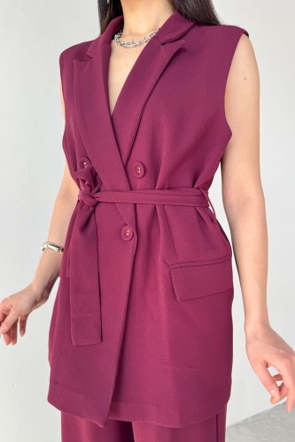 TKM-9413 Bordo Klapa Yaka Çift Düğmeli Yelek Salaş Pantolon İkili Takım - 4