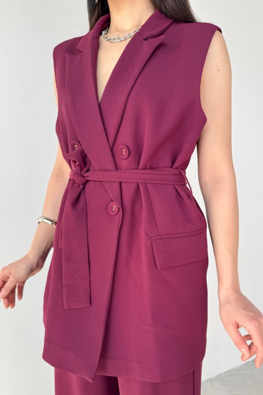 TKM-9413 Bordo Klapa Yaka Çift Düğmeli Yelek Salaş Pantolon İkili Takım - 4
