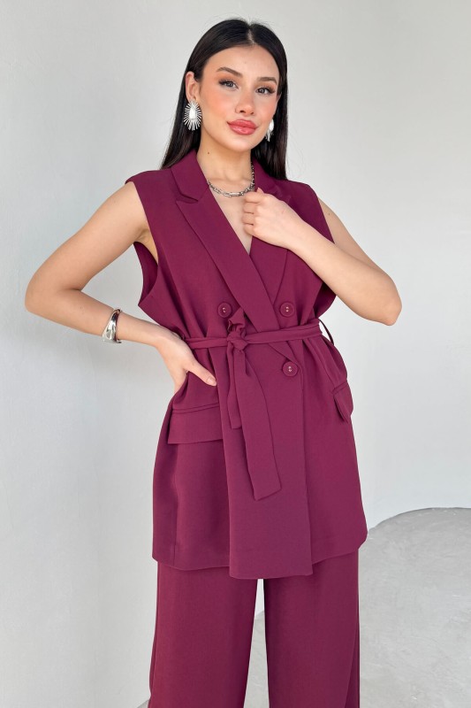 TKM-9413 Bordo Klapa Yaka Çift Düğmeli Yelek Salaş Pantolon İkili Takım - 2