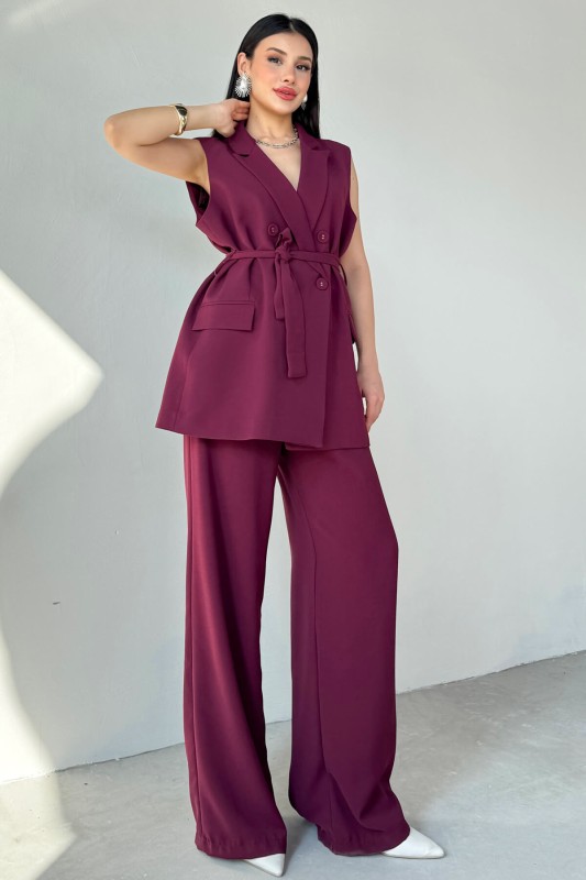 TKM-9413 Bordo Klapa Yaka Çift Düğmeli Yelek Salaş Pantolon İkili Takım - 5