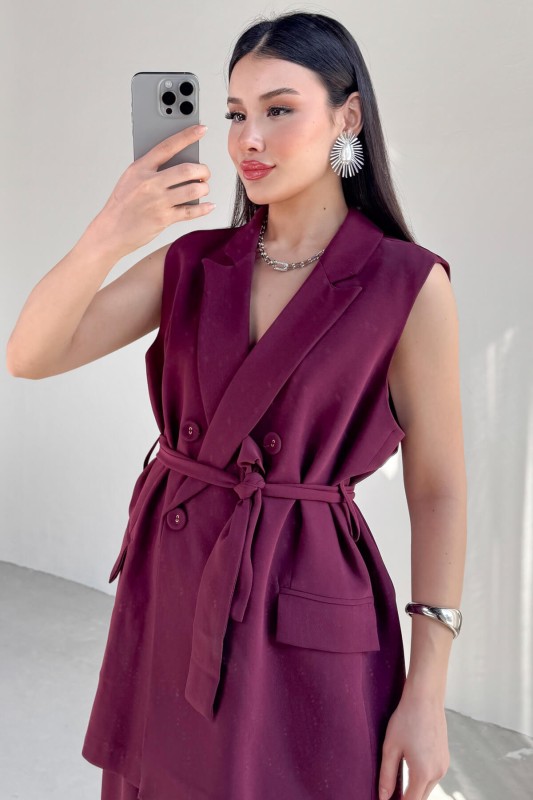 TKM-9413 Bordo Klapa Yaka Çift Düğmeli Yelek Salaş Pantolon İkili Takım - 6