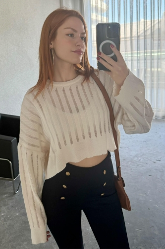 TRK-05305 Krem Transparan Detaylı Crop Triko Bluz - 3