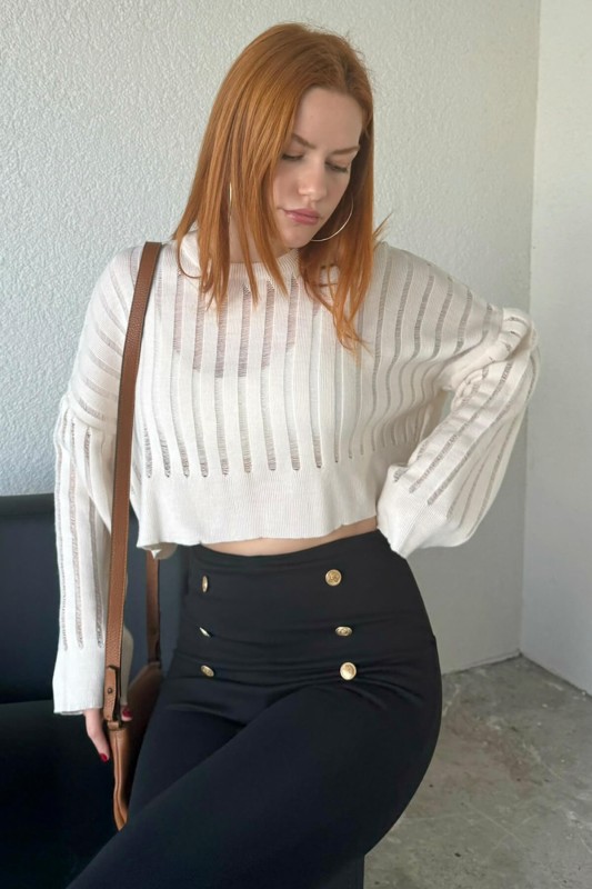 TRK-05305 Krem Transparan Detaylı Crop Triko Bluz - 1