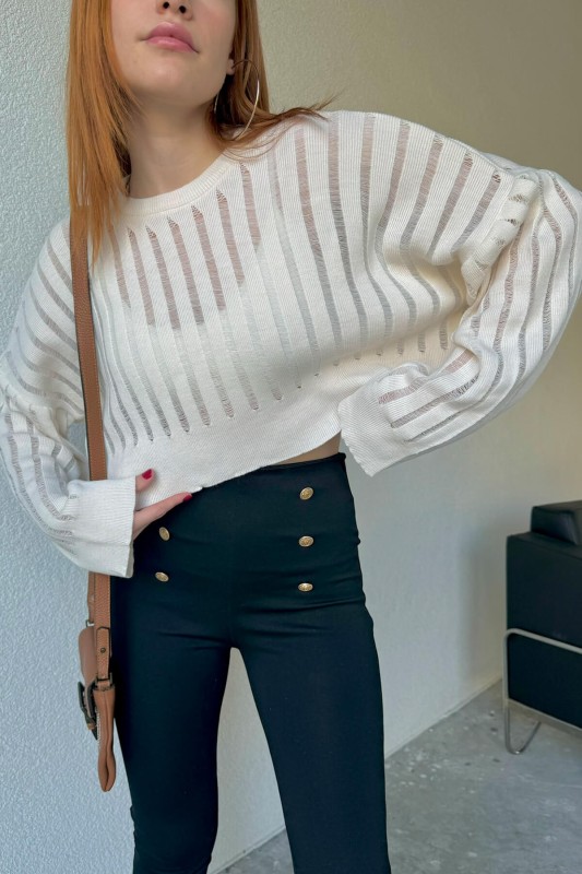 TRK-05305 Krem Transparan Detaylı Crop Triko Bluz - 2