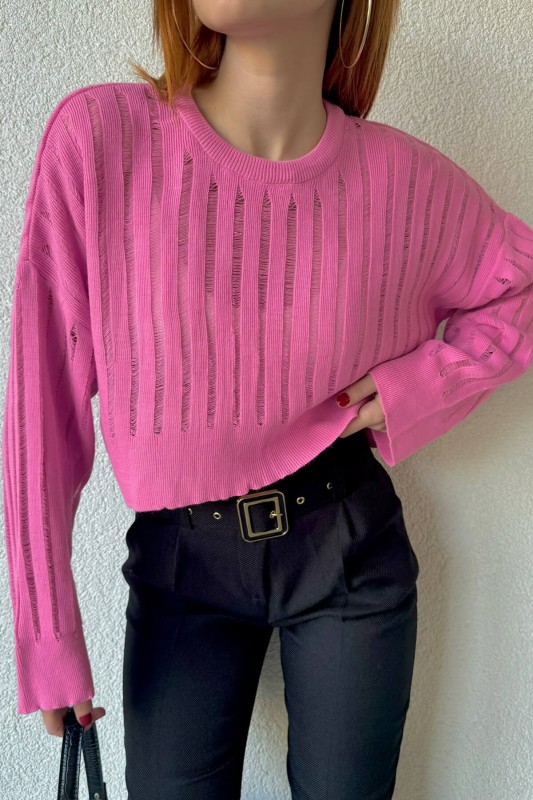 TRK-05305 Pembe Transparan Detaylı Crop Triko Bluz - 2