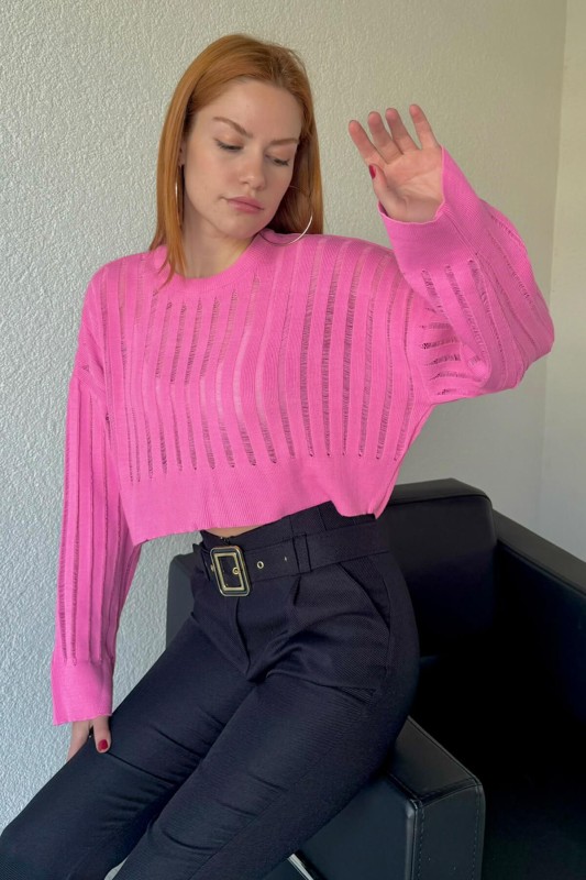 TRK-05305 Pembe Transparan Detaylı Crop Triko Bluz - 1
