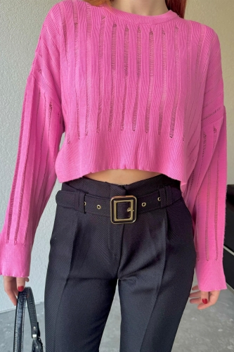 TRK-05305 Pembe Transparan Detaylı Crop Triko Bluz - 3