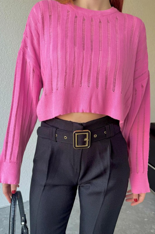 TRK-05305 Pembe Transparan Detaylı Crop Triko Bluz - 3