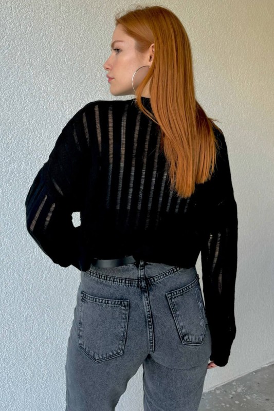 TRK-05305 Siyah Transparan Detaylı Crop Triko Bluz - 4