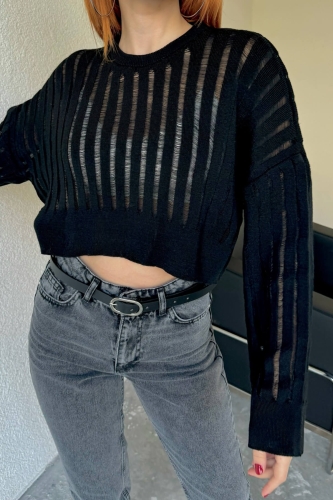 TRK-05305 Siyah Transparan Detaylı Crop Triko Bluz - 2