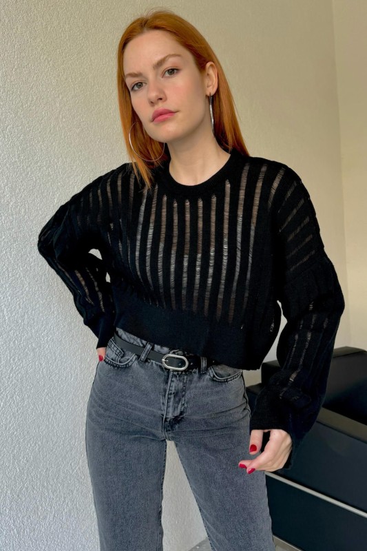 TRK-05305 Siyah Transparan Detaylı Crop Triko Bluz - 1