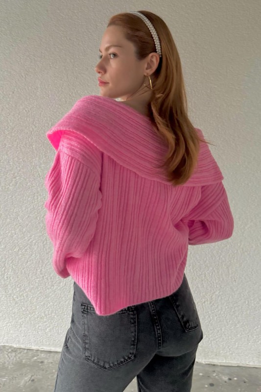 TRK-05306 Pembe Şal Yaka Salaş Crop Triko Bluz - 5