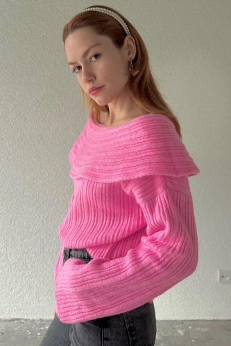 TRK-05306 Pembe Şal Yaka Salaş Crop Triko Bluz - 3