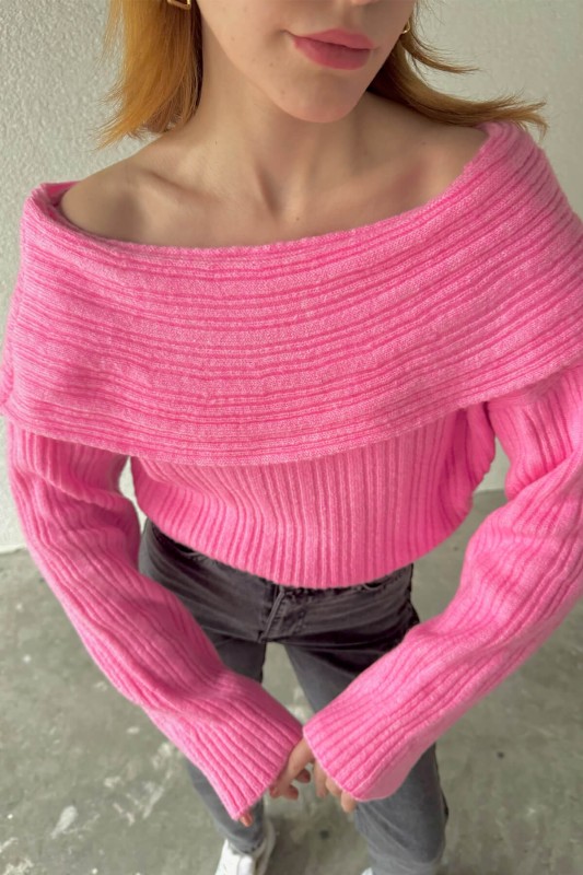 TRK-05306 Pembe Şal Yaka Salaş Crop Triko Bluz - 2