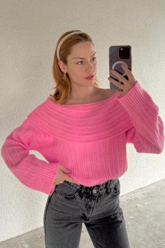 TRK-05306 Pembe Şal Yaka Salaş Crop Triko Bluz - 4