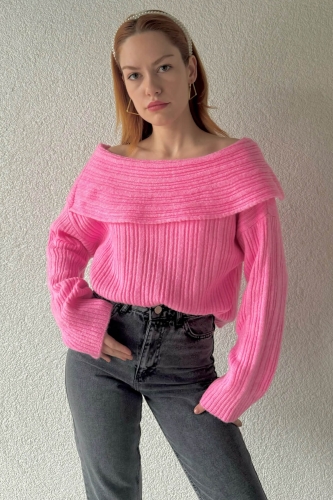 TRK-05306 Pembe Şal Yaka Salaş Crop Triko Bluz 
