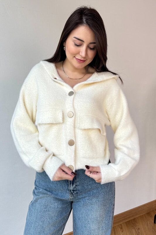 TRK-1232 Ekru Kapüşonlu Sakallı Örme Çıtçıtlı Triko Hırka - 1