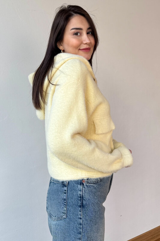 TRK-1232 Sarı Kapüşonlu Sakallı Örme Çıtçıtlı Triko Hırka - 3