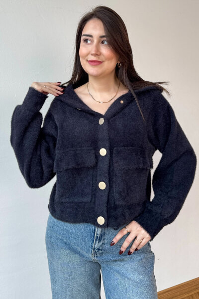 TRK-1232 Siyah Kapüşonlu Sakallı Örme Çıtçıtlı Triko Hırka - 3