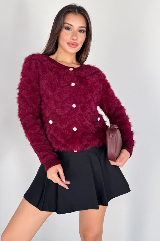 TRK-1905 Bordo Soft Touch Düğmeli Triko Hırka - 1