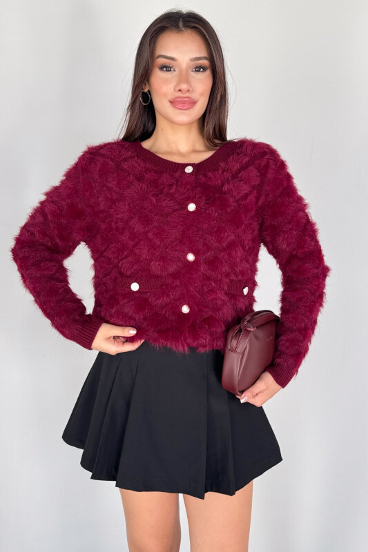 TRK-1905 Bordo Soft Touch Düğmeli Triko Hırka - 4