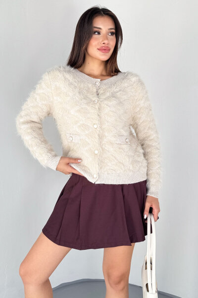 TRK-1905 Krem Soft Touch Düğmeli Triko Hırka - 2