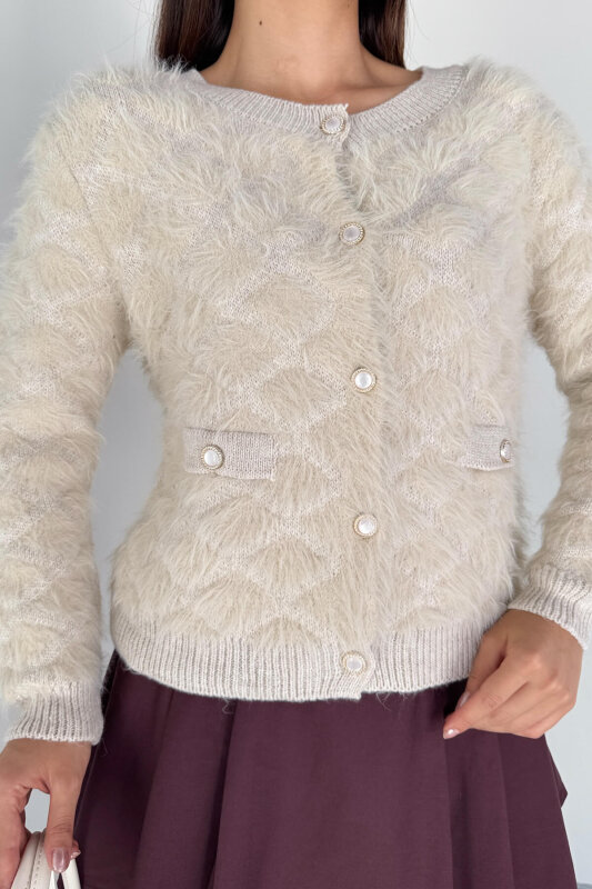 TRK-1905 Krem Soft Touch Düğmeli Triko Hırka - 4