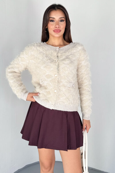 TRK-1905 Krem Soft Touch Düğmeli Triko Hırka - 5