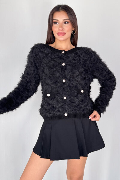 TRK-1905 Siyah Soft Touch Düğmeli Triko Hırka - 4