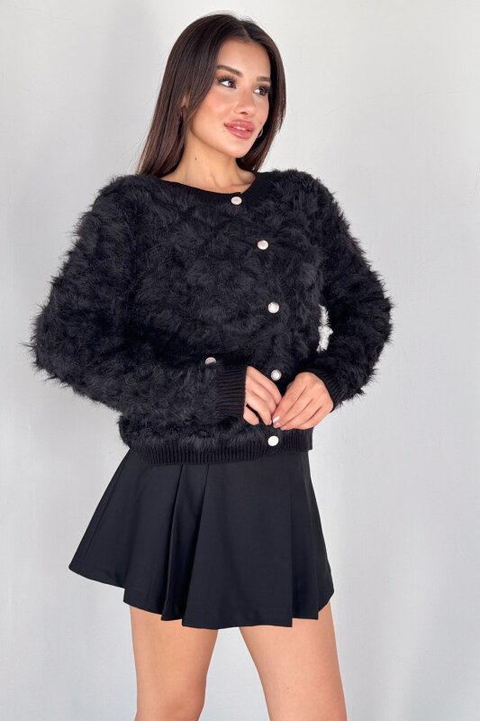 TRK-1905 Siyah Soft Touch Düğmeli Triko Hırka - 5