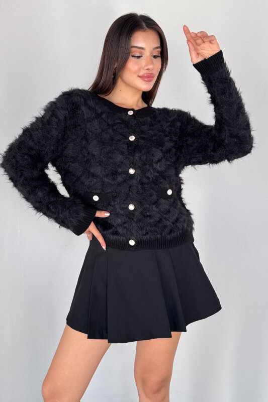 TRK-1905 Siyah Soft Touch Düğmeli Triko Hırka - 1