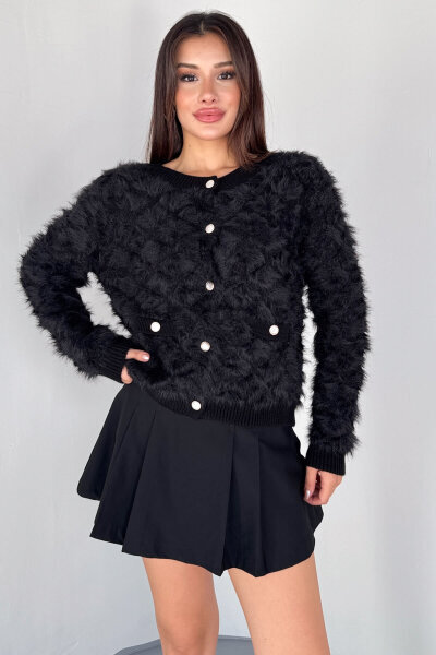 TRK-1905 Siyah Soft Touch Düğmeli Triko Hırka - 7