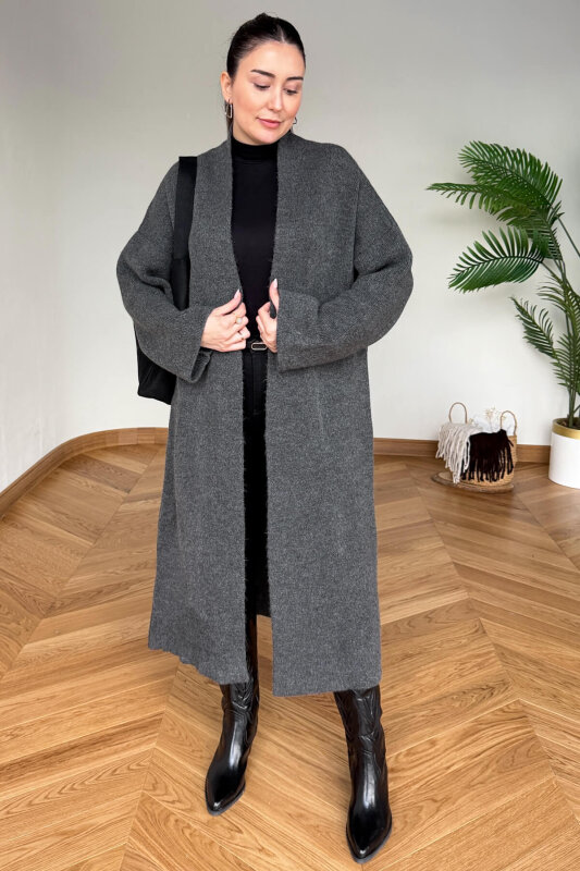 TRK-2000 Füme Kalın Dokulu Uzun Triko Hırka - 1