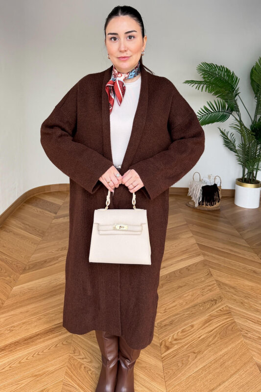 TRK-2000 Kahverengi Kalın Dokulu Uzun Triko Hırka - 3