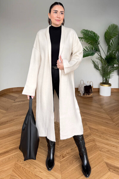 TRK-2000 Krem Kalın Dokulu Uzun Triko Hırka - Cappmoda