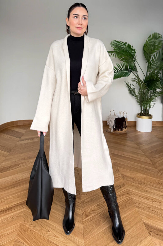 TRK-2000 Krem Kalın Dokulu Uzun Triko Hırka - 1