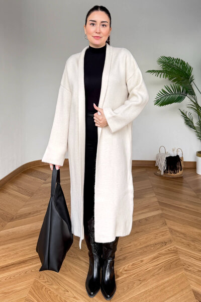 TRK-2000 Krem Kalın Dokulu Uzun Triko Hırka - Cappmoda (1)