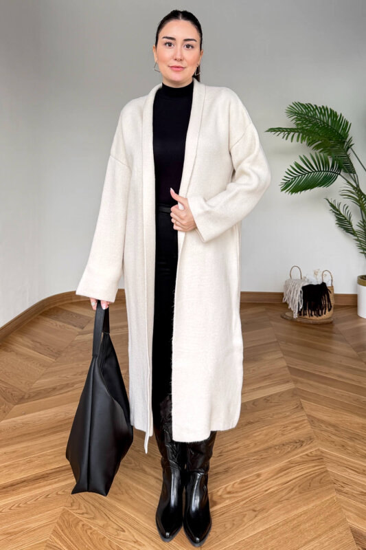 TRK-2000 Krem Kalın Dokulu Uzun Triko Hırka - 2