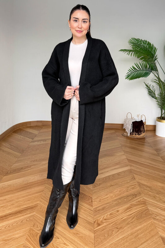 TRK-2000 Siyah Kalın Dokulu Uzun Triko Hırka - 1