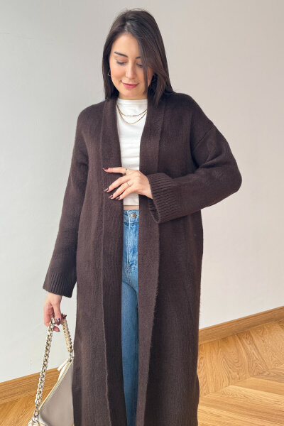 TRK-2066 Acı kahve Oversize Çelik Örme Uzun Hırka - 2