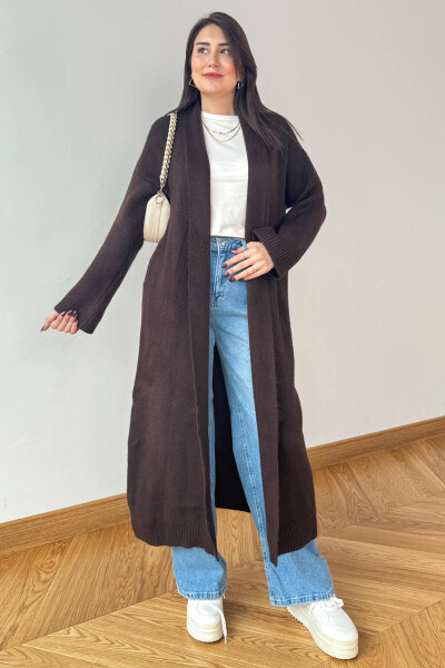 TRK-2066 Acı kahve Oversize Çelik Örme Uzun Hırka 