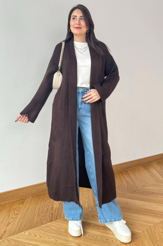 TRK-2066 Acı kahve Oversize Çelik Örme Uzun Hırka - 1