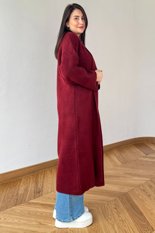 TRK-2066 Bordo Oversize Çelik Örme Uzun Hırka - 3