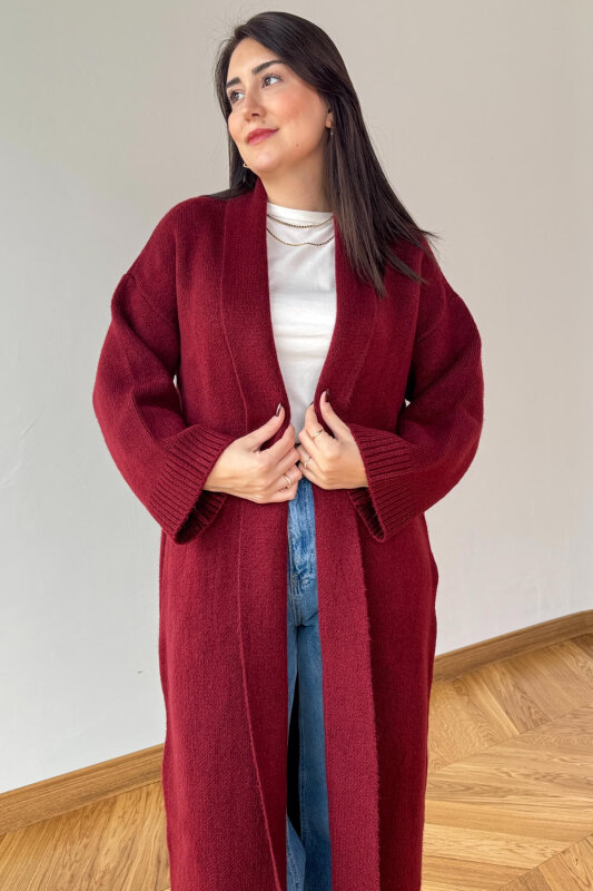 TRK-2066 Bordo Oversize Çelik Örme Uzun Hırka - 2