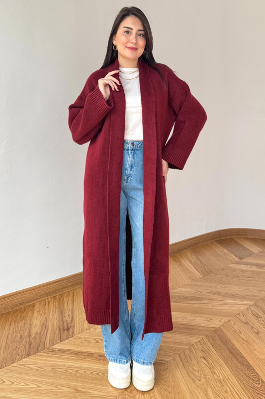 TRK-2066 Bordo Oversize Çelik Örme Uzun Hırka - 1