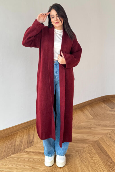 TRK-2066 Bordo Oversize Çelik Örme Uzun Hırka - 4