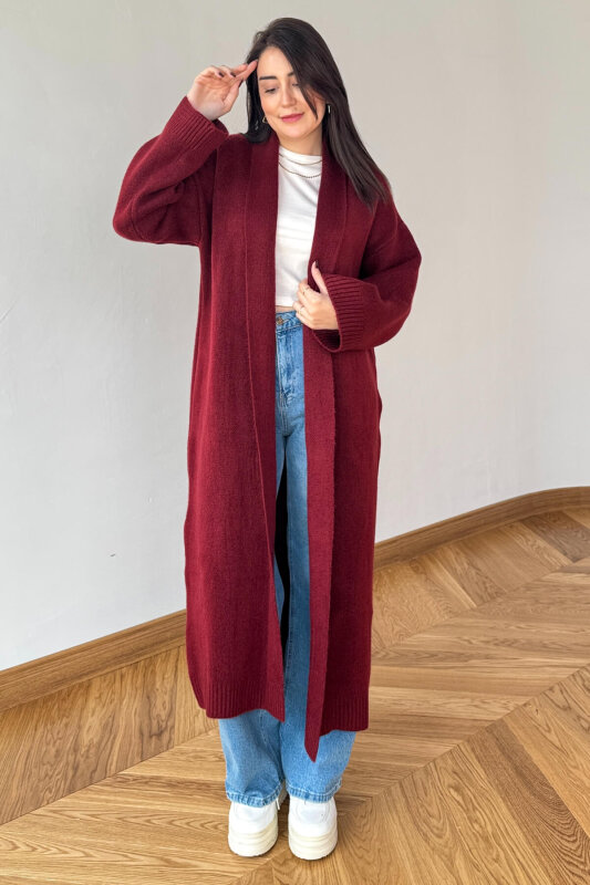 TRK-2066 Bordo Oversize Çelik Örme Uzun Hırka - 4